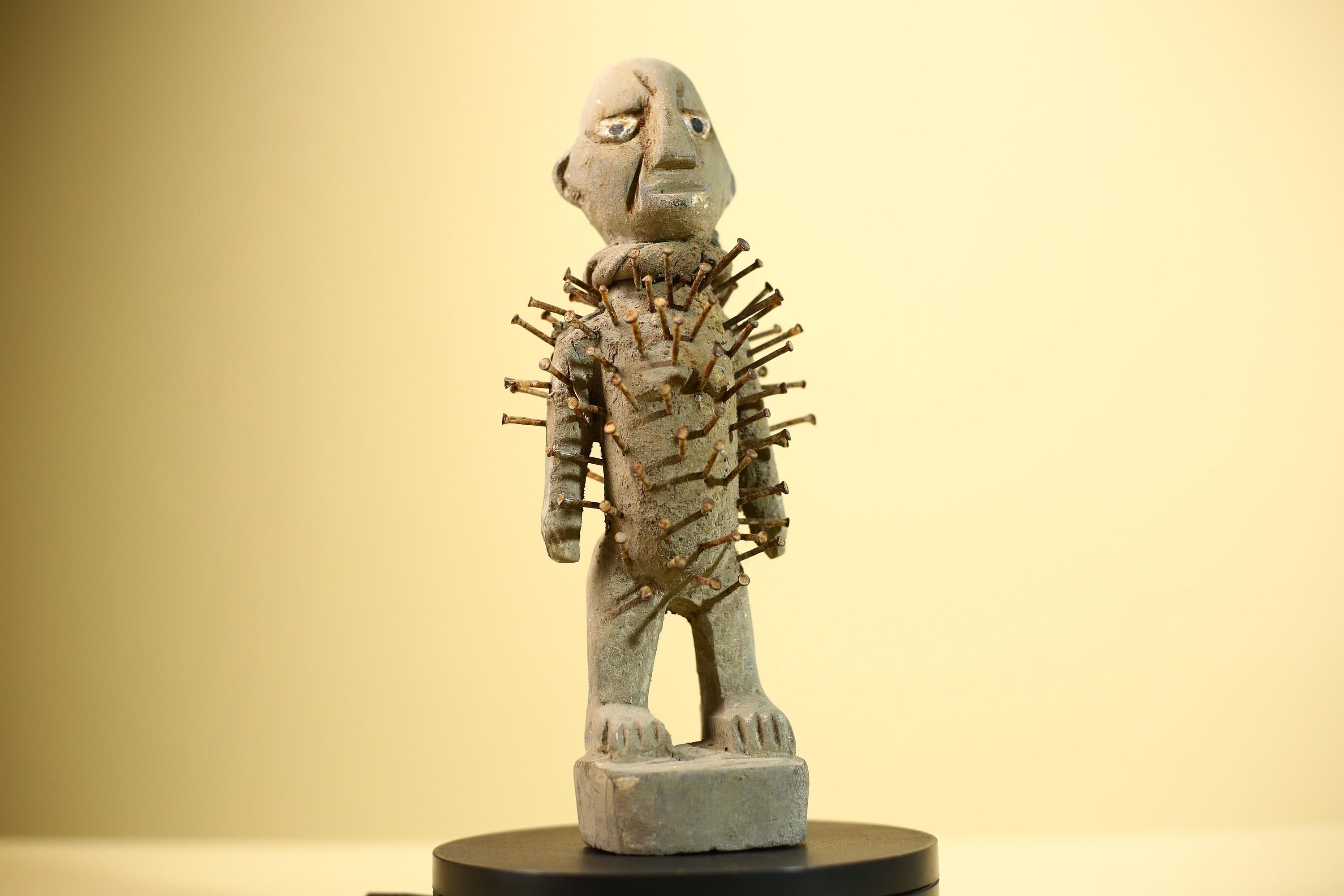 African Nail Fetish Statue Carved Wood Figure Congo Tribal Art Decor-G5900