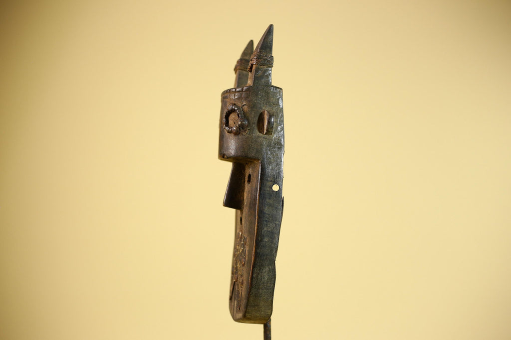 African Horn Mask Brass Inlay Toma Guinea Tribal Wood Wall Sculpture-G5882