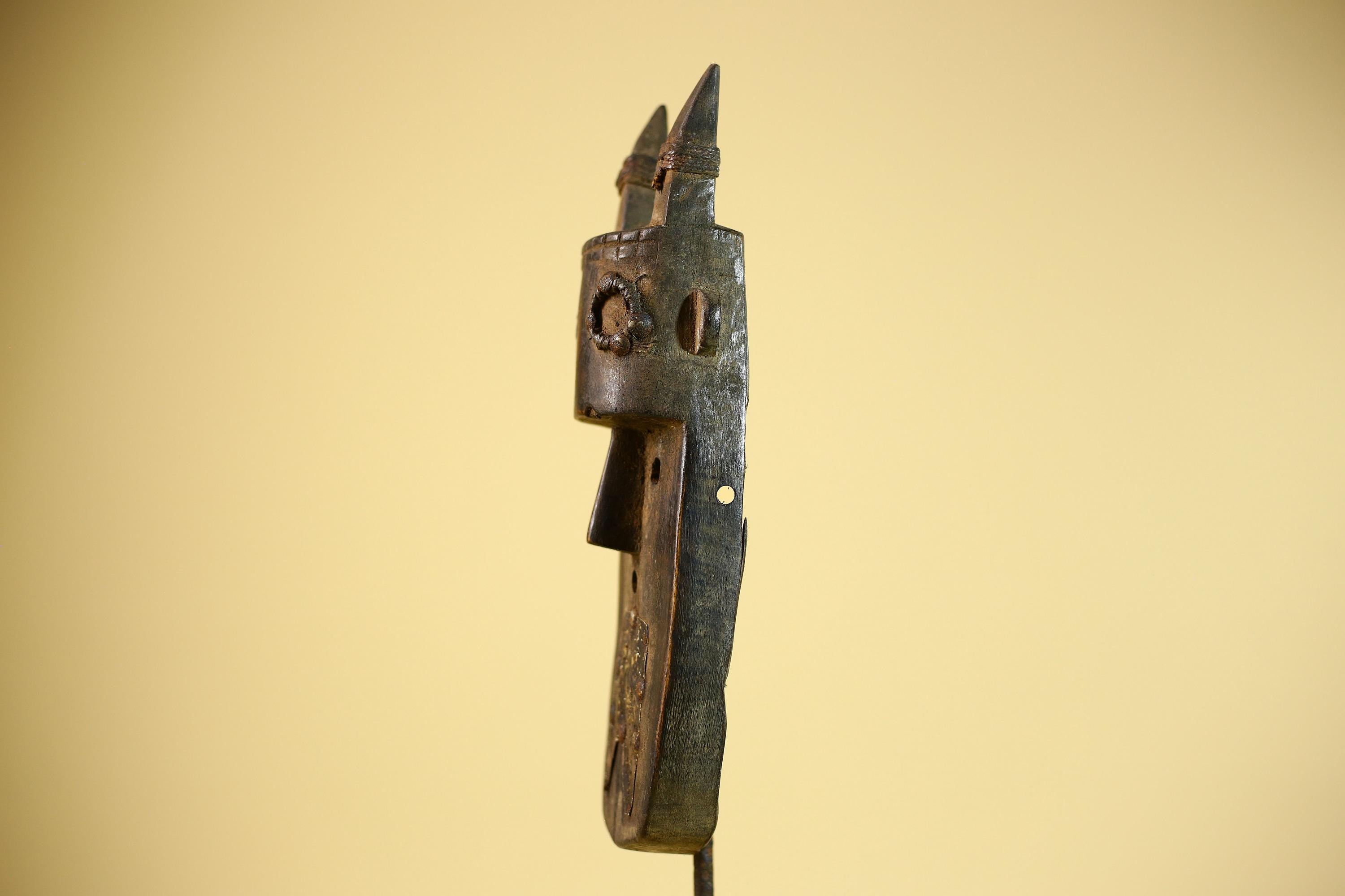 African Horn Mask Brass Inlay Toma Guinea Tribal Wood Wall Sculpture-G5882