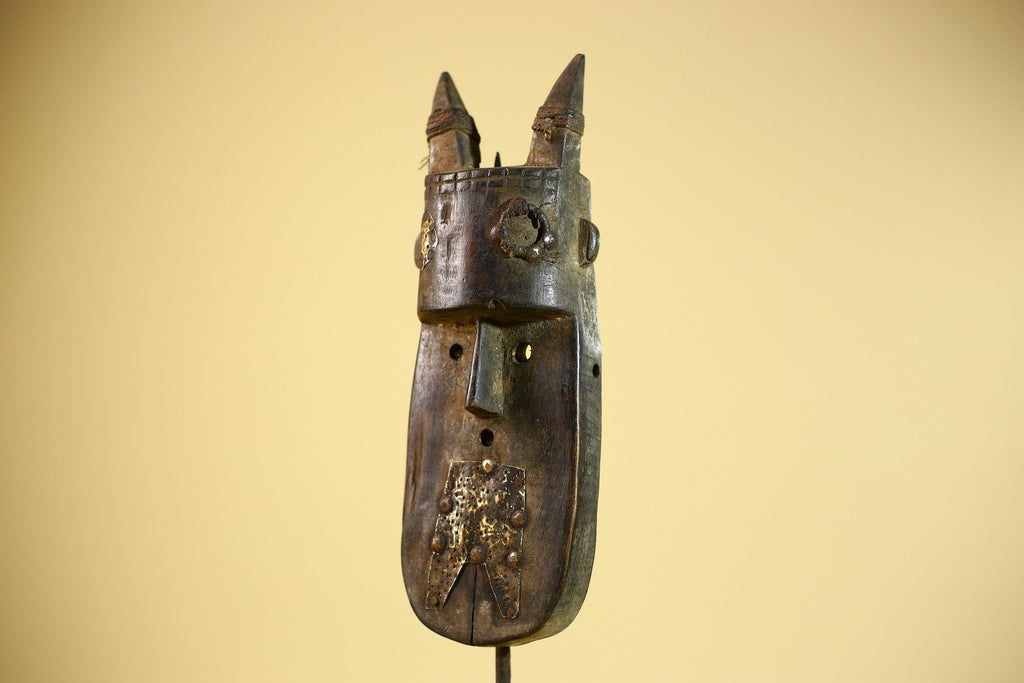 African Horn Mask Brass Inlay Toma Guinea Tribal Wood Wall Sculpture-G5882