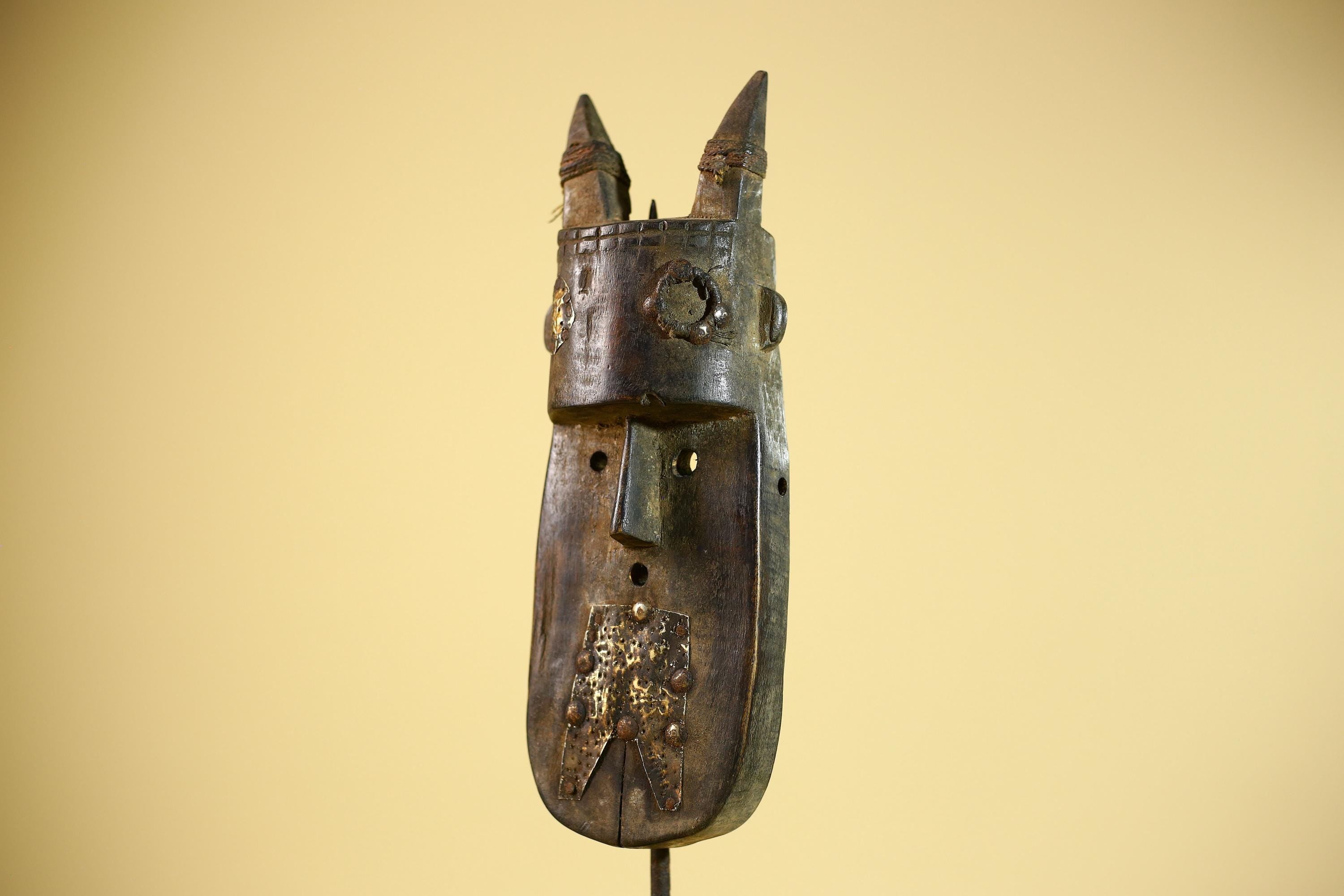 African Horn Mask Brass Inlay Toma Guinea Tribal Wood Wall Sculpture-G5882