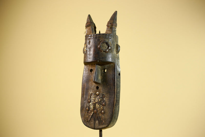 African Horn Mask Brass Inlay Toma Guinea Tribal Wood Wall Sculpture-G5882