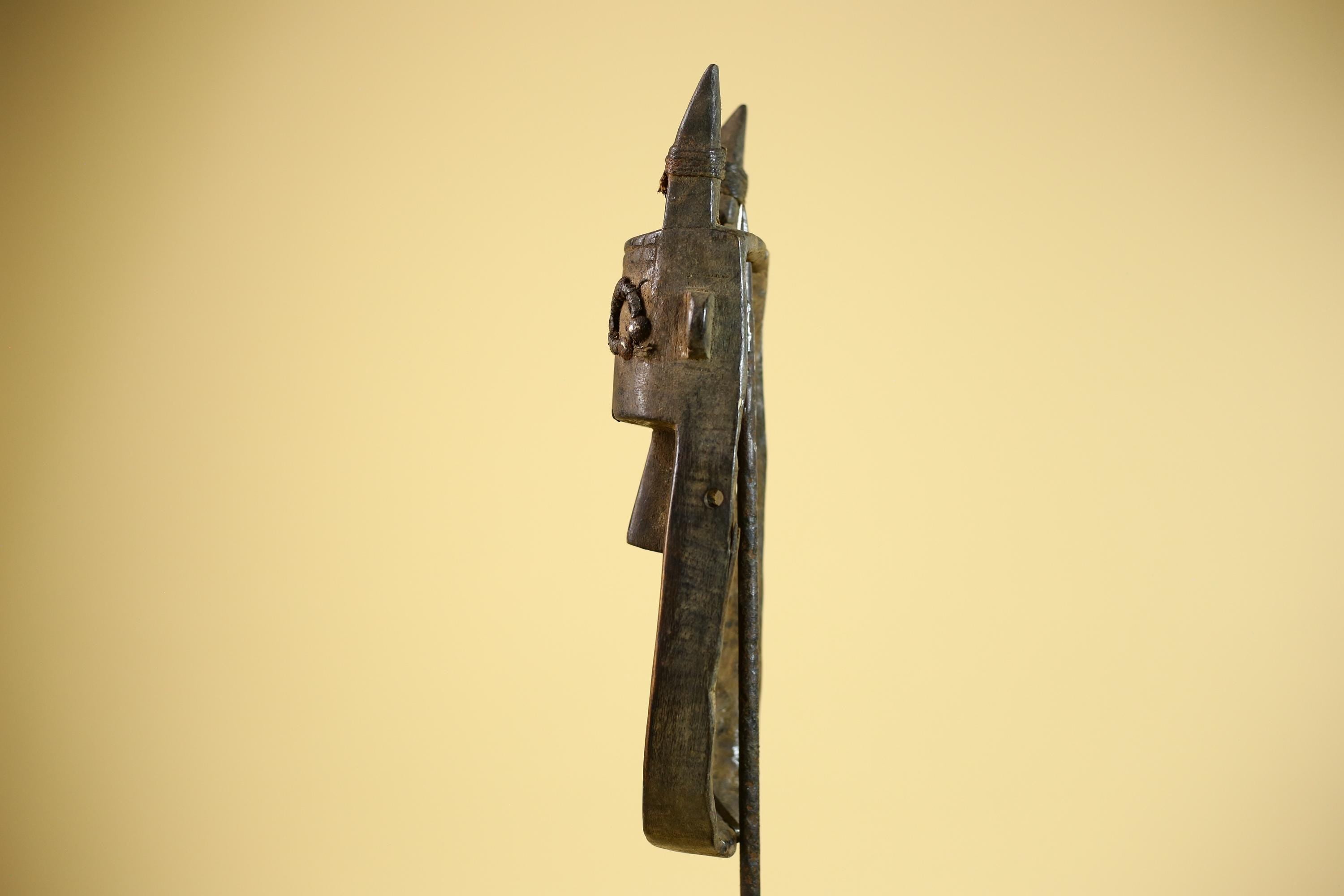 African Horn Mask Brass Inlay Toma Guinea Tribal Wood Wall Sculpture-G5882