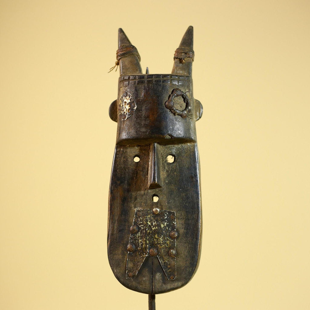 African Horn Mask Brass Inlay Toma Guinea Tribal Wood Wall Sculpture-G5882