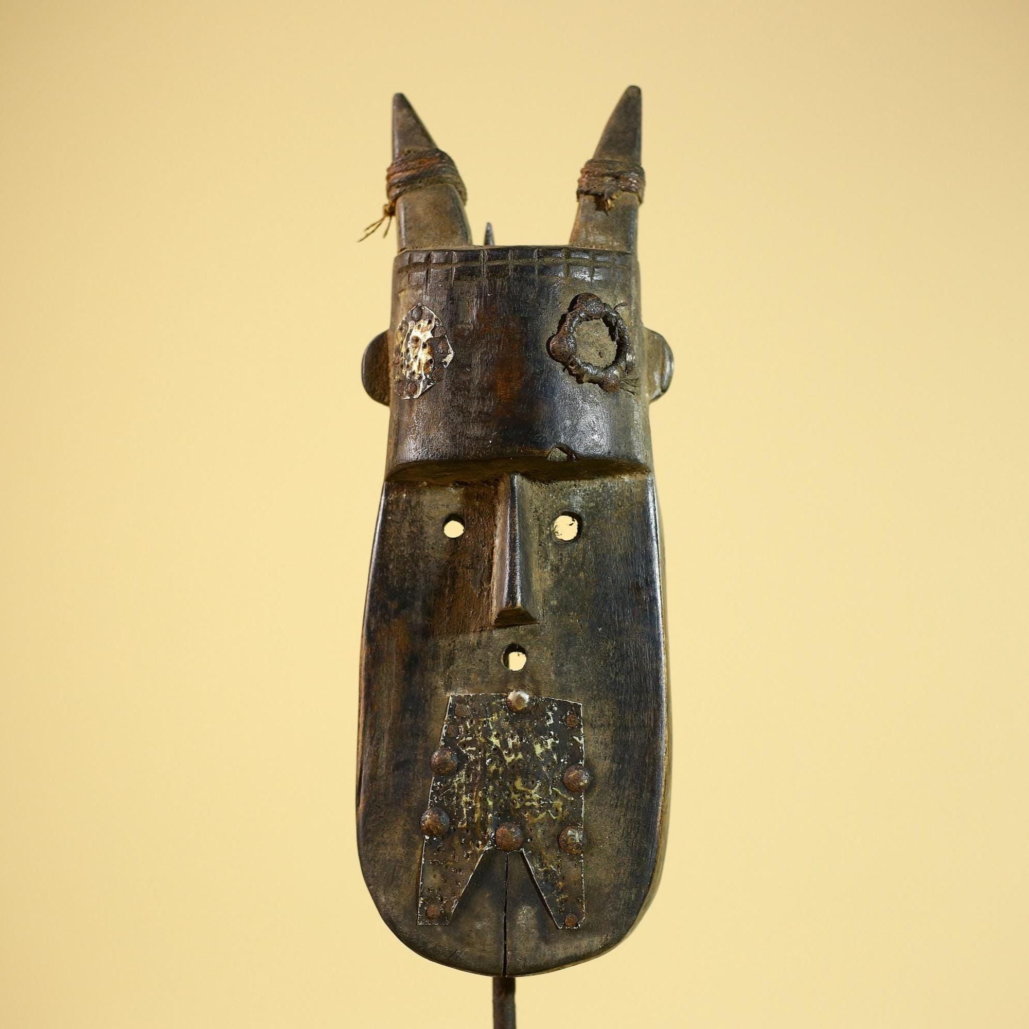 African Horn Mask Brass Inlay Toma Guinea Tribal Wood Wall Sculpture-G5882