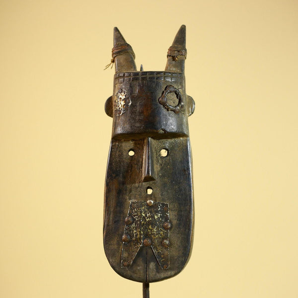 African Horn Mask Brass Inlay Toma Guinea Tribal Wood Wall Sculpture-G5882