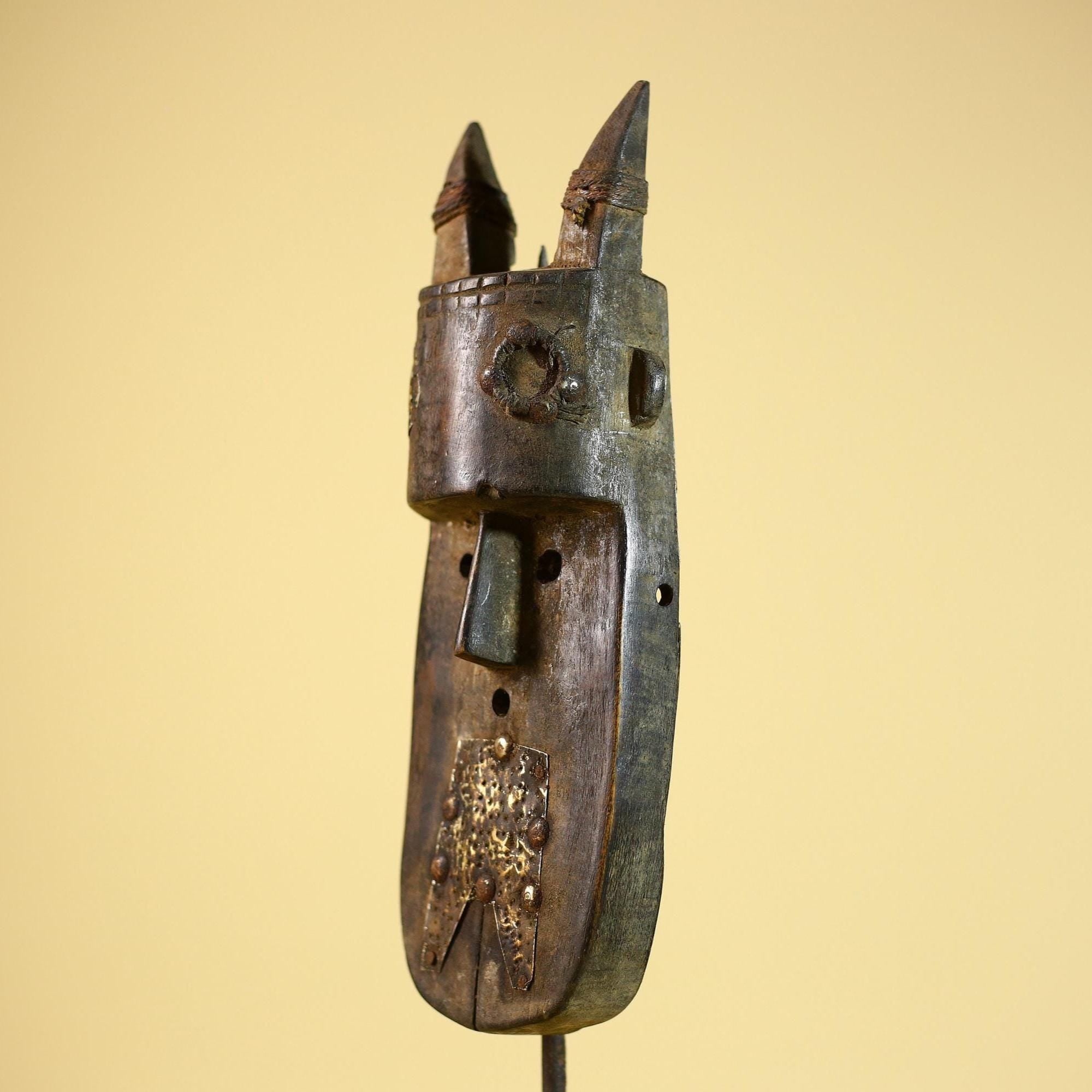 African Horn Mask Brass Inlay Toma Guinea Tribal Wood Wall Sculpture-G5882