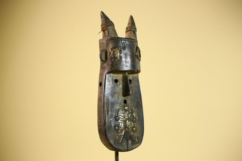 African Horn Mask Brass Inlay Toma Guinea Tribal Wood Wall Sculpture-G5882