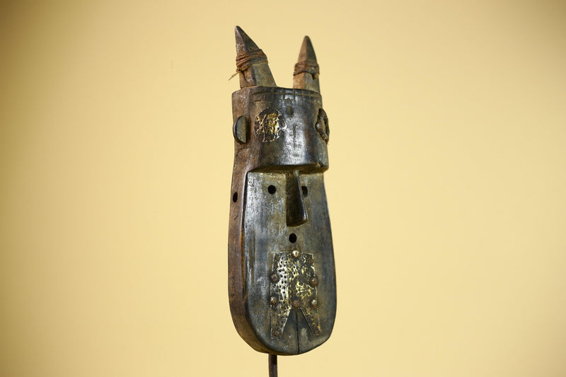 African Horn Mask Brass Inlay Toma Guinea Tribal Wood Wall Sculpture-G5882