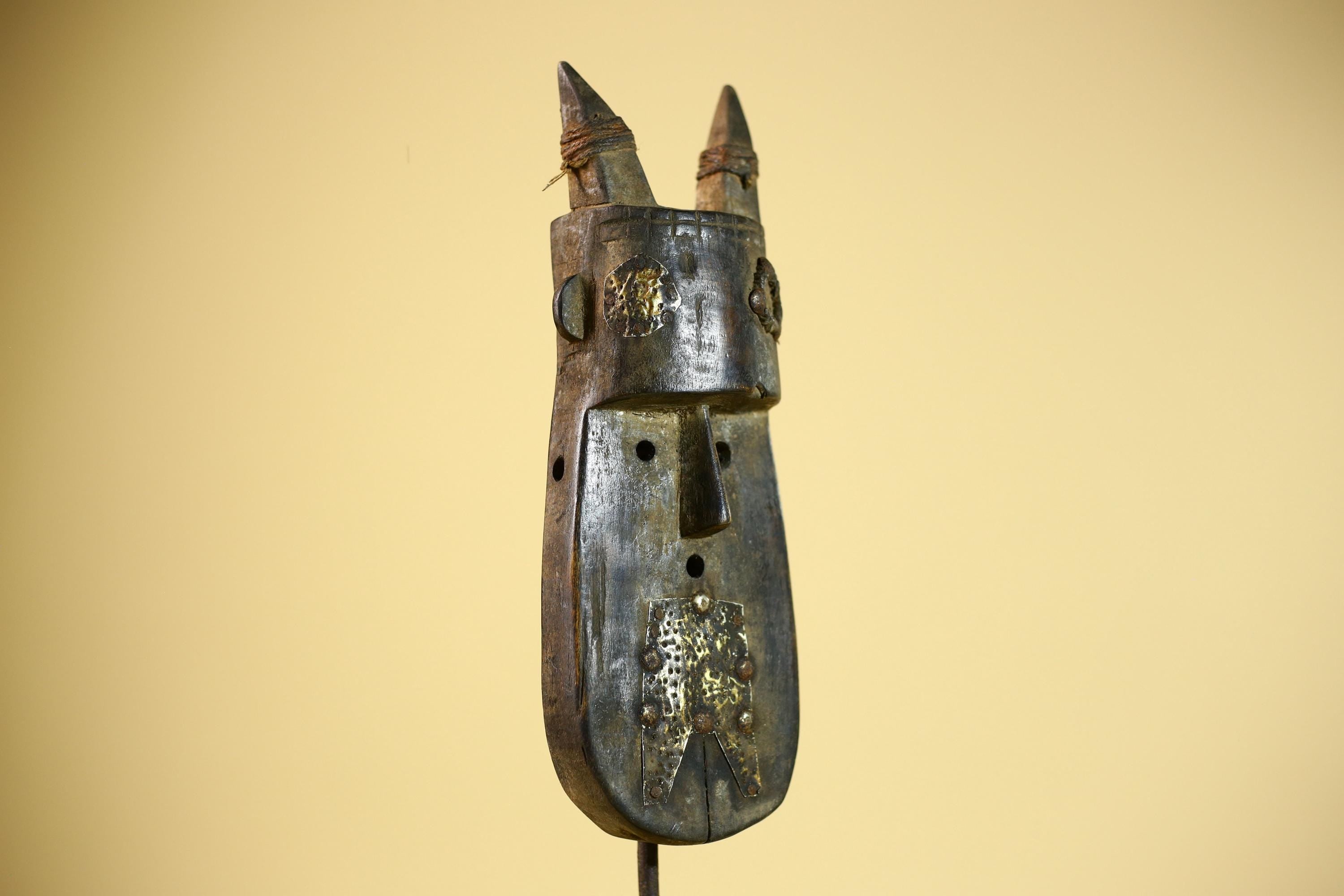 African Horn Mask Brass Inlay Toma Guinea Tribal Wood Wall Sculpture-G5882