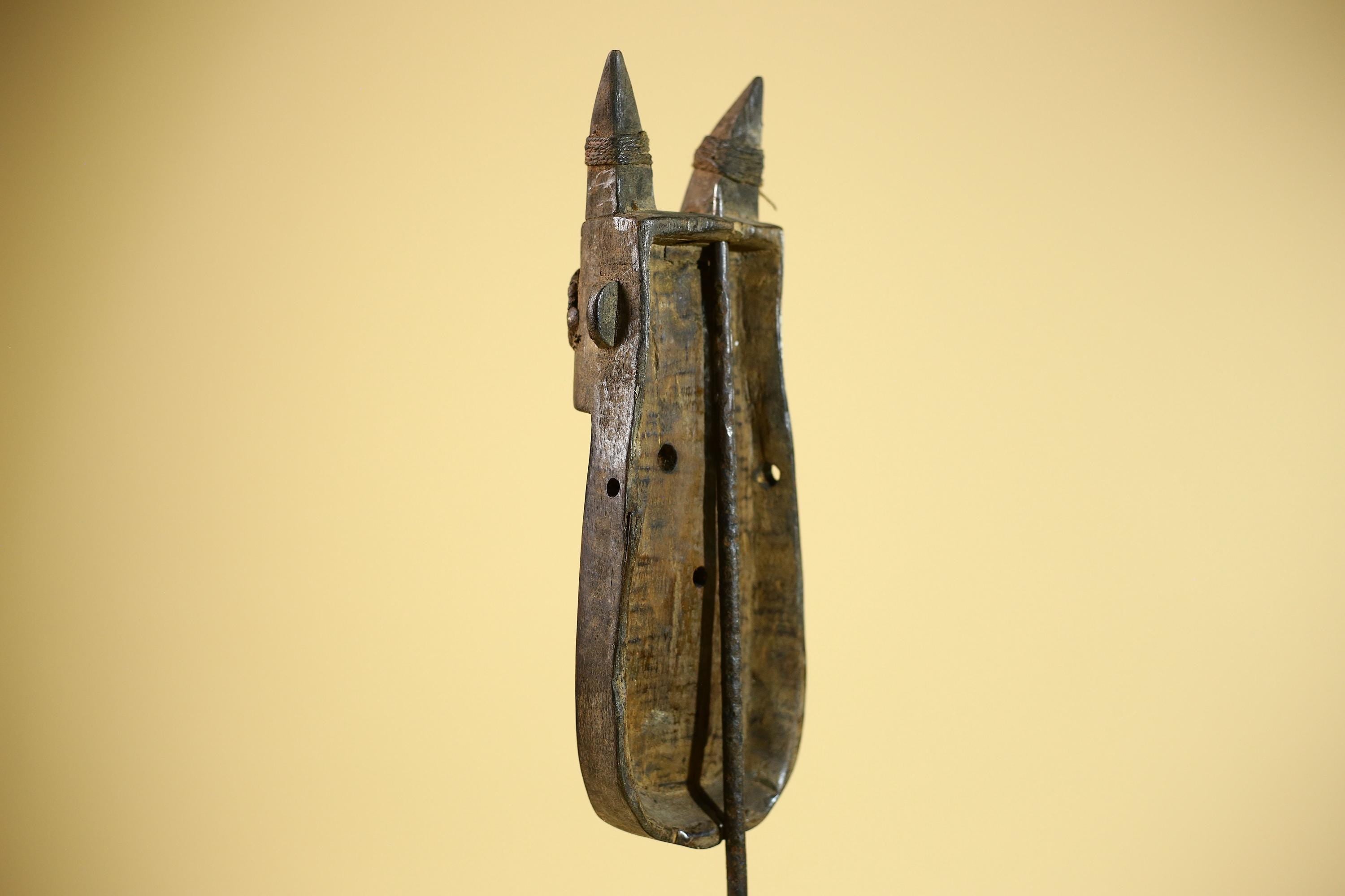 African Horn Mask Brass Inlay Toma Guinea Tribal Wood Wall Sculpture-G5882