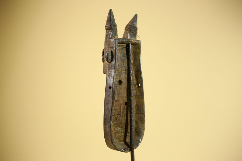 African Horn Mask Brass Inlay Toma Guinea Tribal Wood Wall Sculpture-G5882