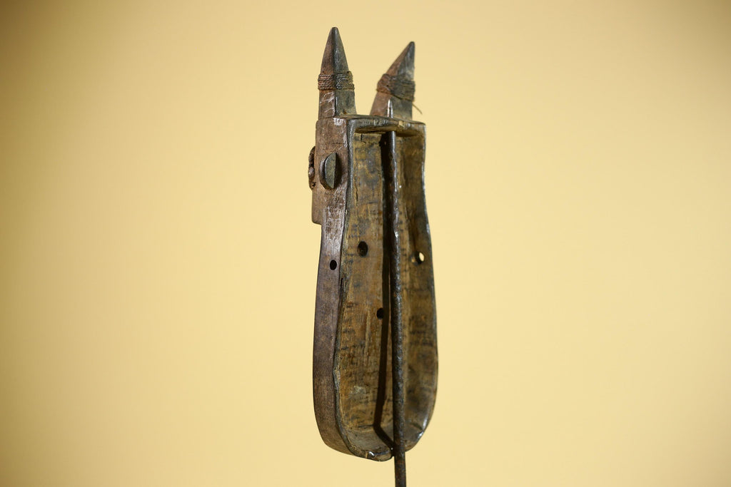 African Horn Mask Brass Inlay Toma Guinea Tribal Wood Wall Sculpture-G5882