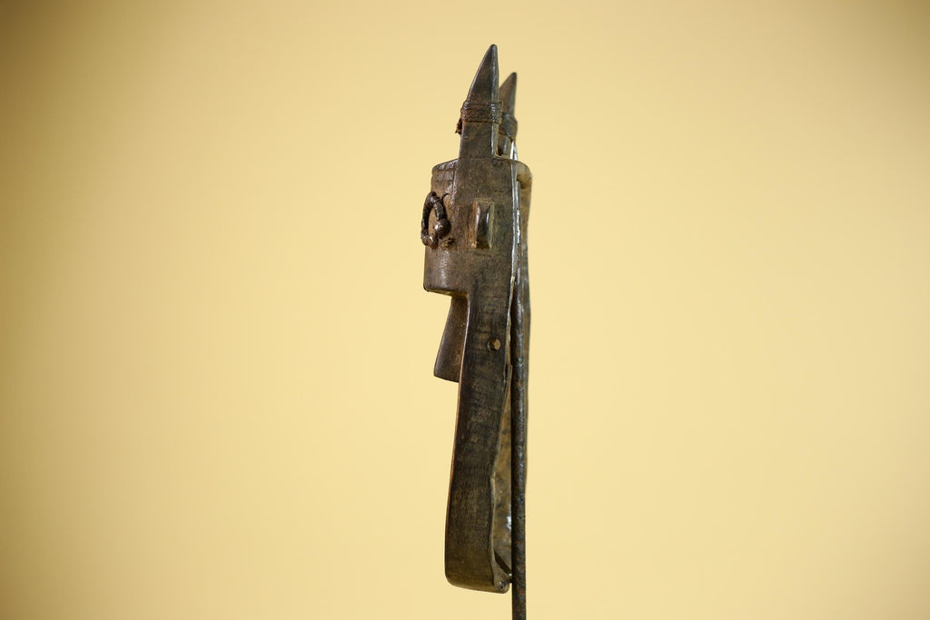 African Horn Mask Brass Inlay Toma Guinea Tribal Wood Wall Sculpture-G5882