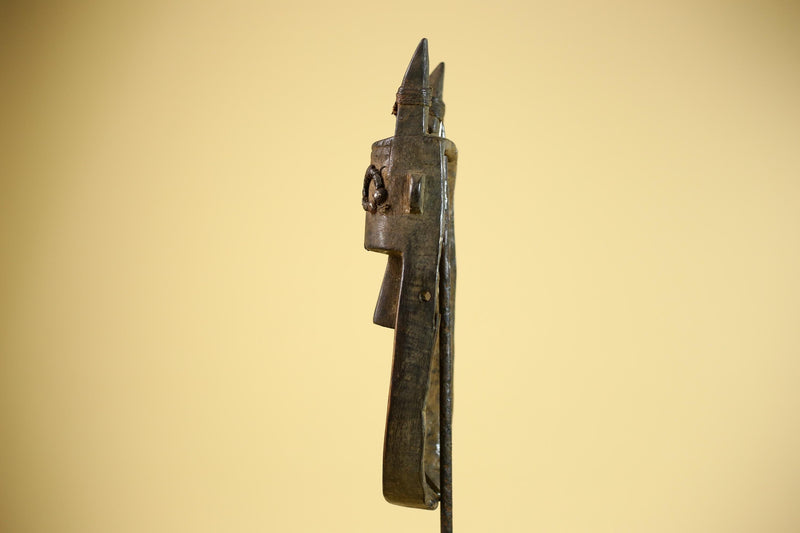 African Horn Mask Brass Inlay Toma Guinea Tribal Wood Wall Sculpture-G5882