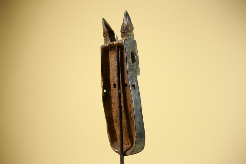 African Horn Mask Brass Inlay Toma Guinea Tribal Wood Wall Sculpture-G5882