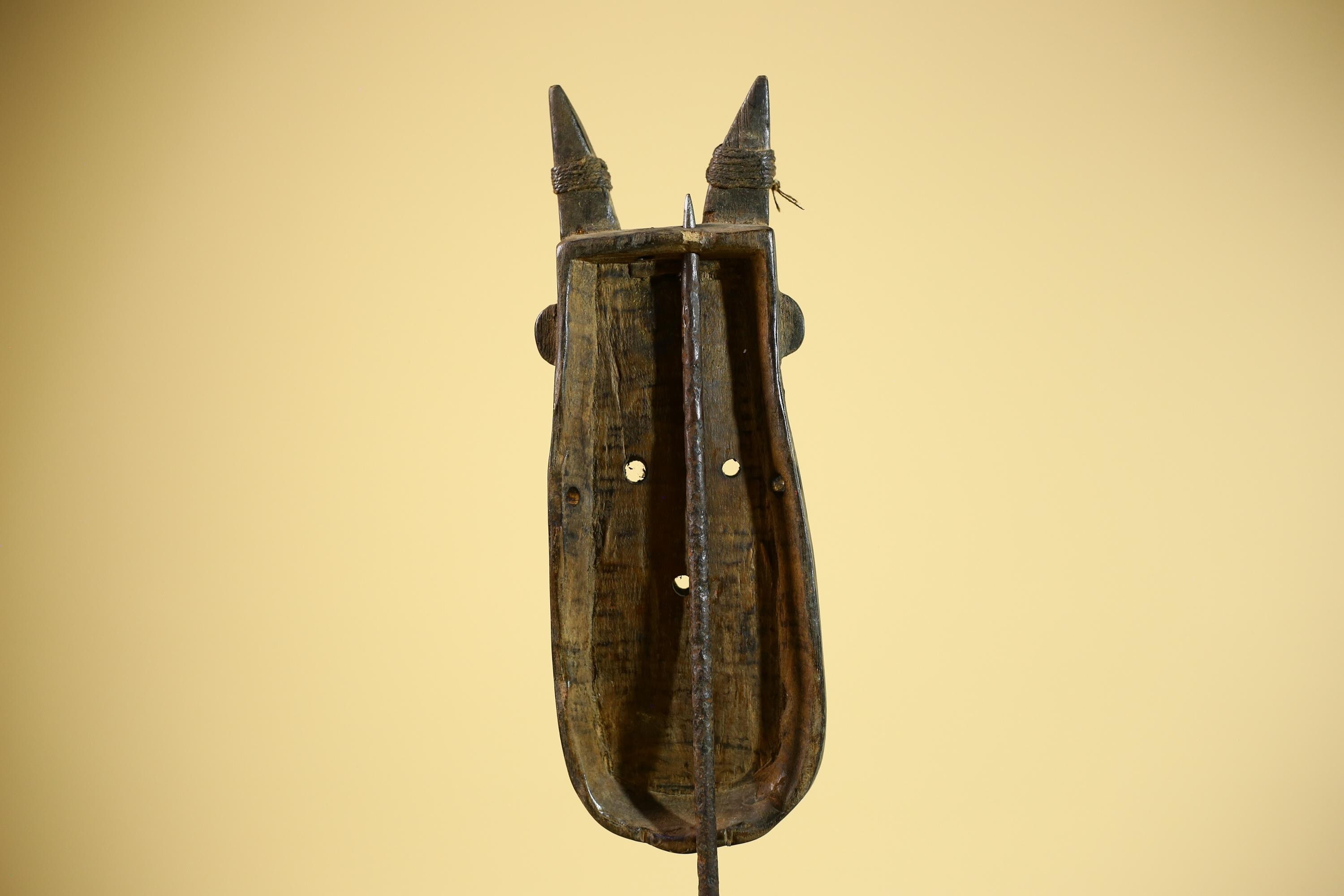 African Horn Mask Brass Inlay Toma Guinea Tribal Wood Wall Sculpture-G5882