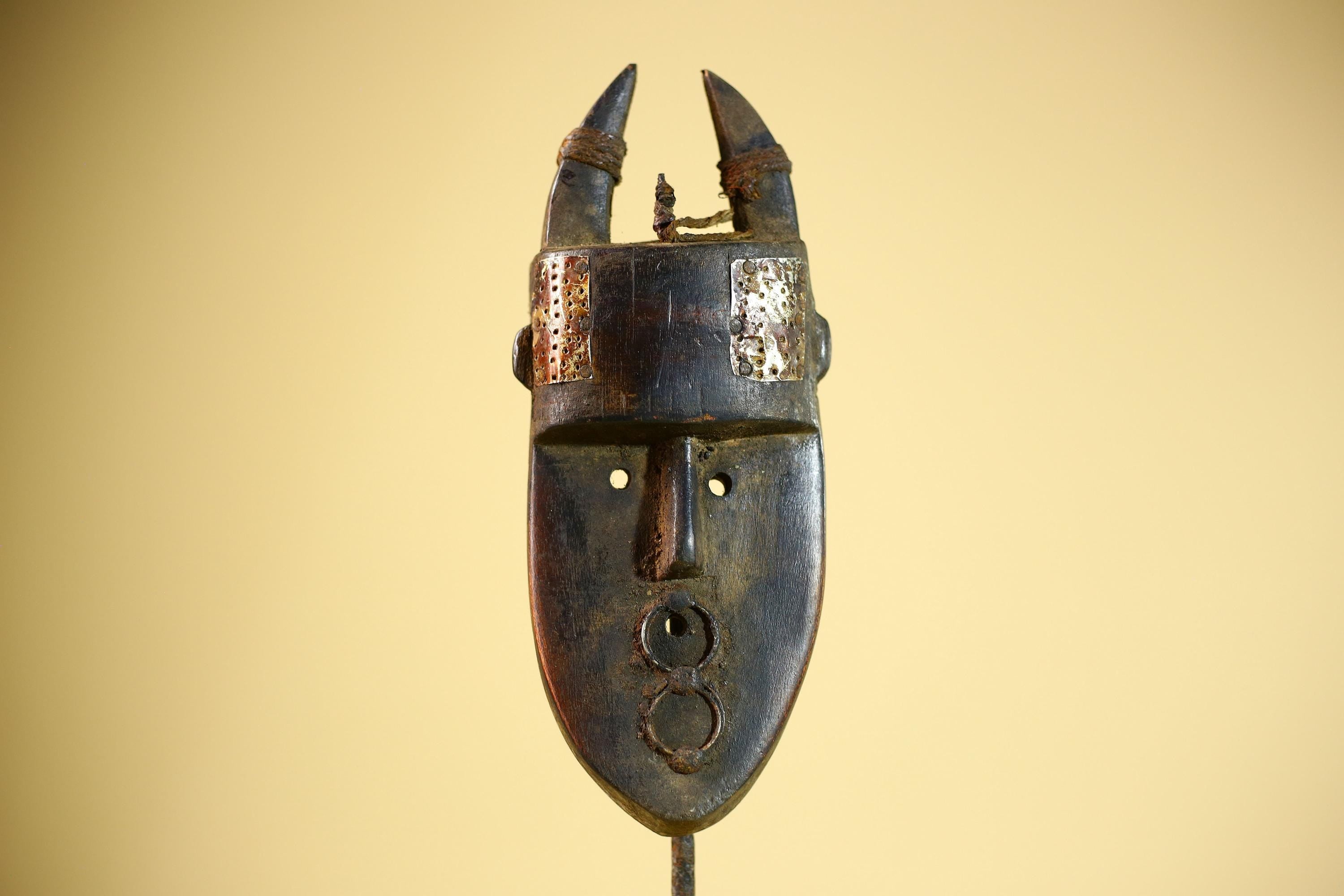African Toma Mask Horned Brass Cheeks Guinea Tribal Wood Wall Art-G5883