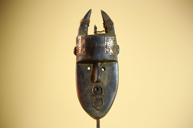 African Toma Mask Horned Brass Cheeks Guinea Tribal Wood Wall Art-G5883