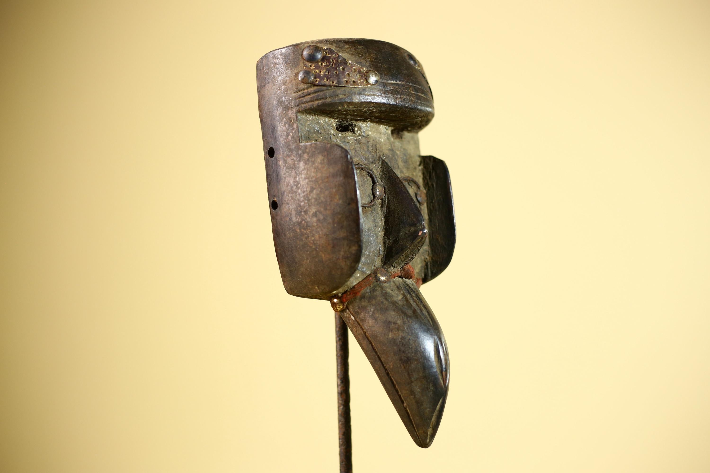African Dan Mask Bird Beak Brass Inlay Côte d’Ivoire Tribal Wood Art-G5884