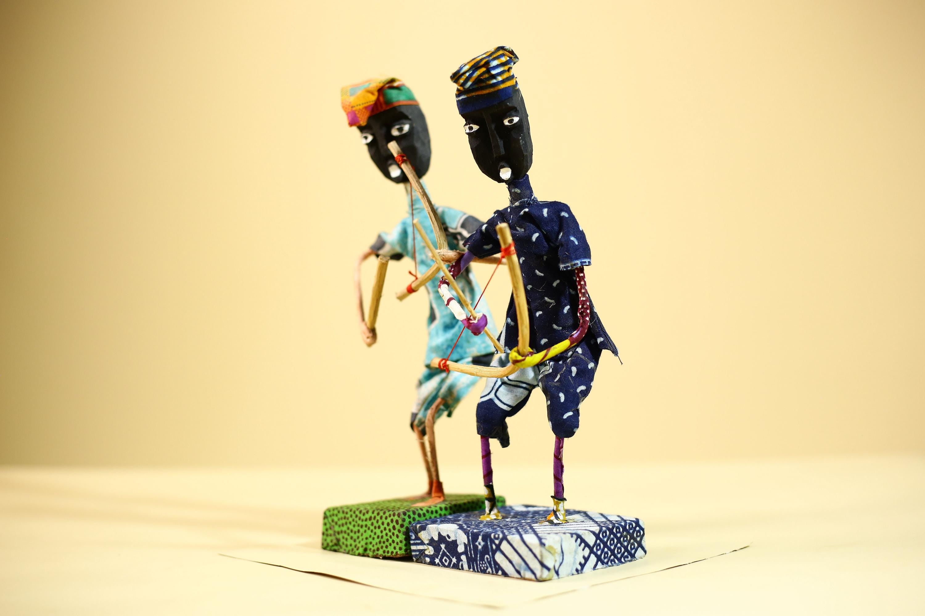 African Folk Art Archers Handmade Wire Wood Fabric Tribal Sculpture-G5902