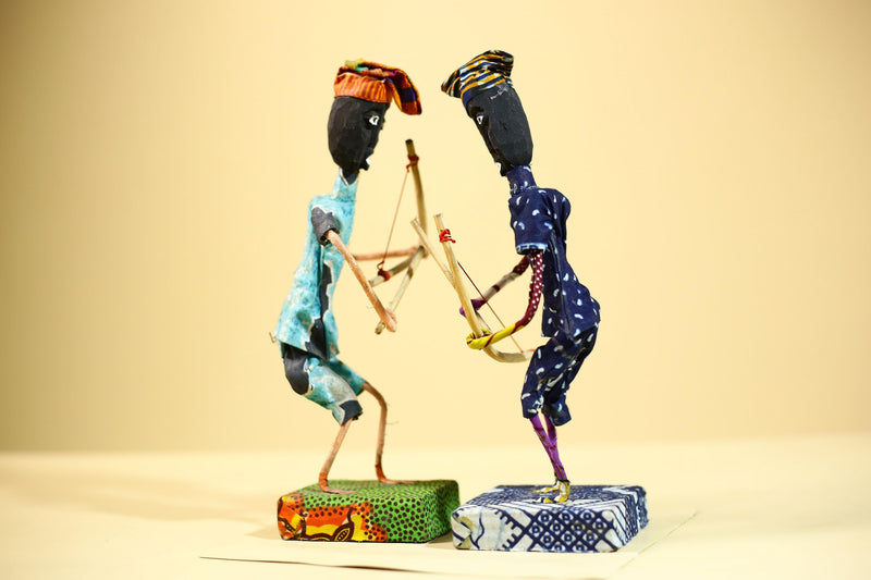 African Folk Art Archers Handmade Wire Wood Fabric Tribal Sculpture-G5902