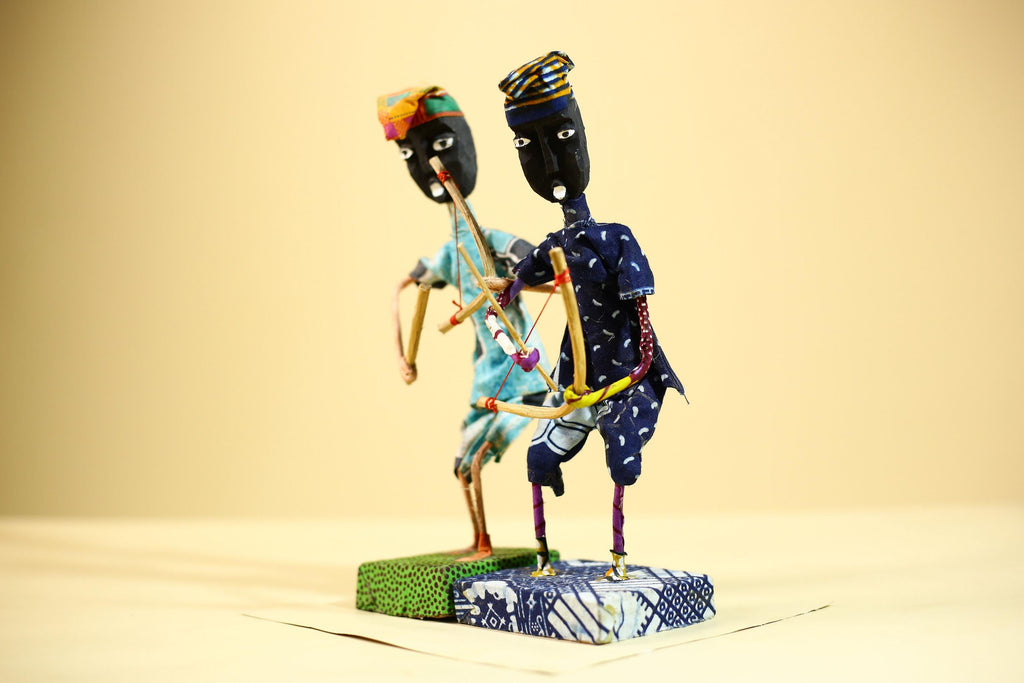 African Folk Art Archers Handmade Wire Wood Fabric Tribal Sculpture-G5902