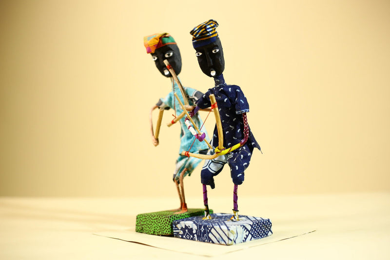 African Folk Art Archers Handmade Wire Wood Fabric Tribal Sculpture-G5902
