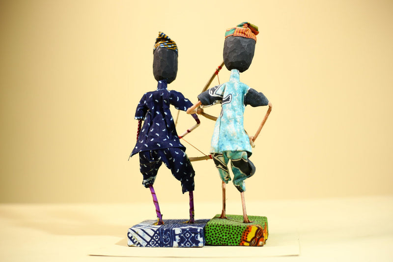 African Folk Art Archers Handmade Wire Wood Fabric Tribal Sculpture-G5902