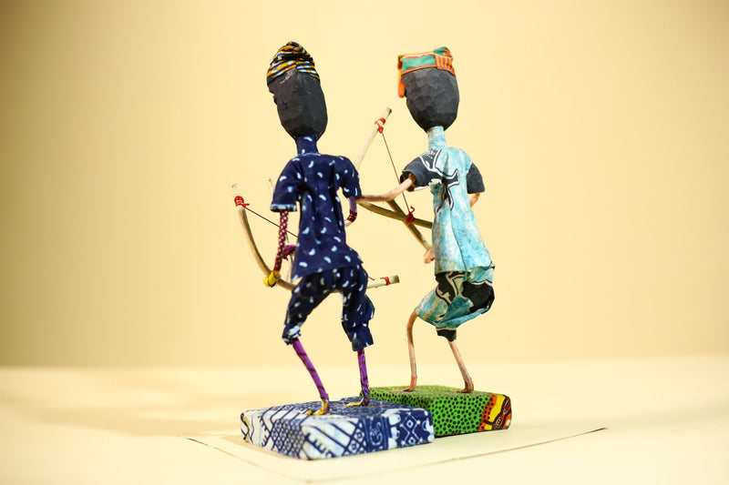 African Folk Art Archers Handmade Wire Wood Fabric Tribal Sculpture-G5902