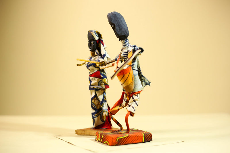 African Folk Art Couple Handmade Wire Wood Fabric Tribal Music Sculpture-G5903