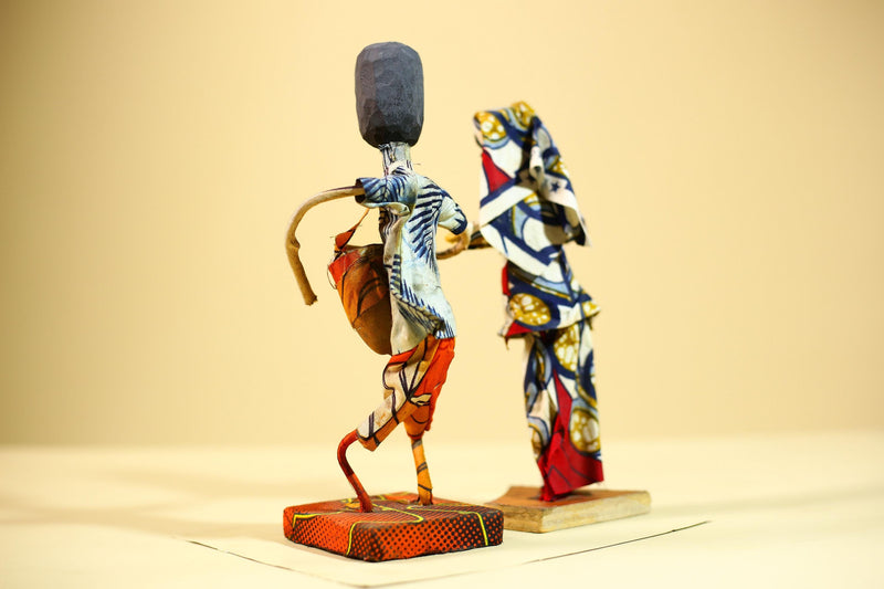 African Folk Art Couple Handmade Wire Wood Fabric Tribal Music Sculpture-G5903