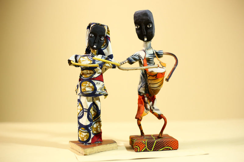 African Folk Art Couple Handmade Wire Wood Fabric Tribal Music Sculpture-G5903