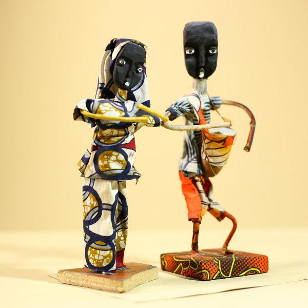 African Folk Art Couple Handmade Wire Wood Fabric Tribal Music Sculpture-G5903