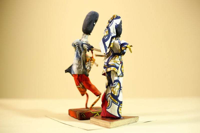 African Folk Art Couple Handmade Wire Wood Fabric Tribal Music Sculpture-G5903