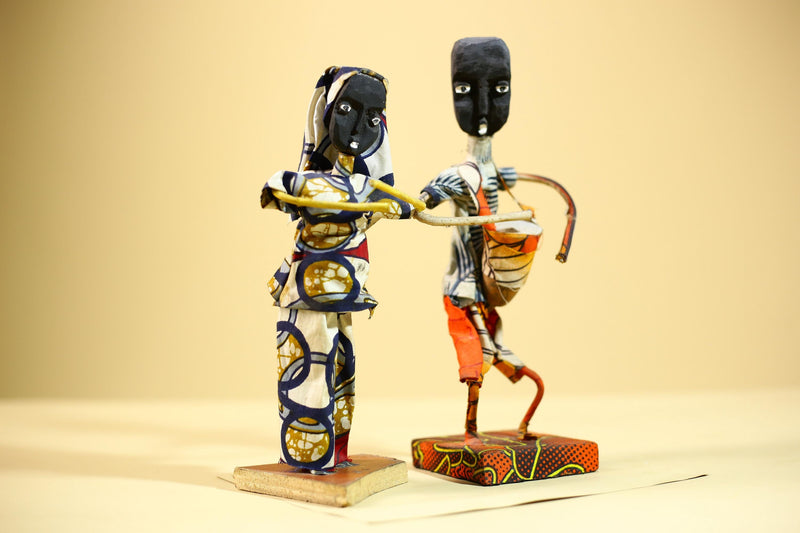 African Folk Art Couple Handmade Wire Wood Fabric Tribal Music Sculpture-G5903