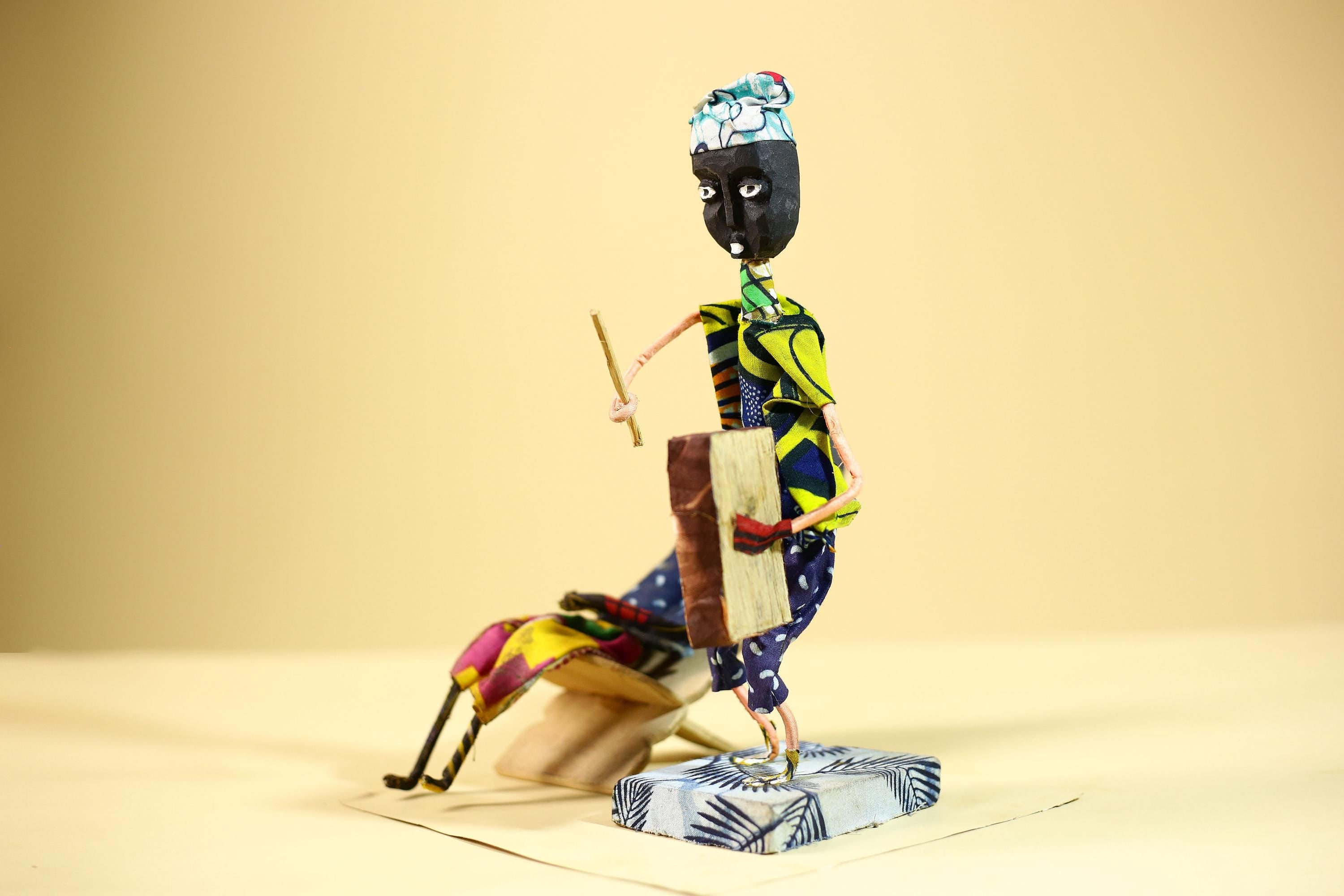 African Tribal Elder and Drummer Statues Handcrafted Cloth Folk Art Decor-G5905