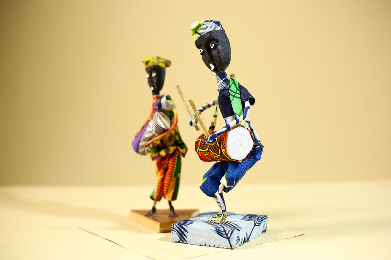 African Tribal Drummer Statues Handcrafted Wood Cloth Folk Art Decor-G5906