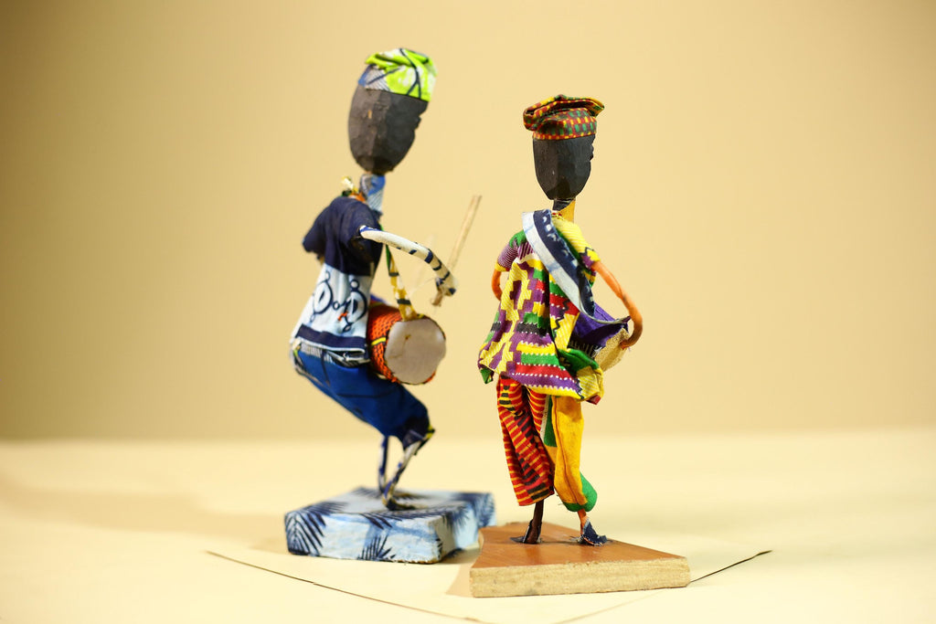 African Tribal Drummer Statues Handcrafted Wood Cloth Folk Art Decor-G5906