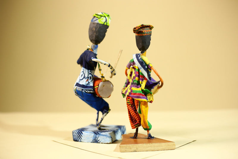 African Tribal Drummer Statues Handcrafted Wood Cloth Folk Art Decor-G5906