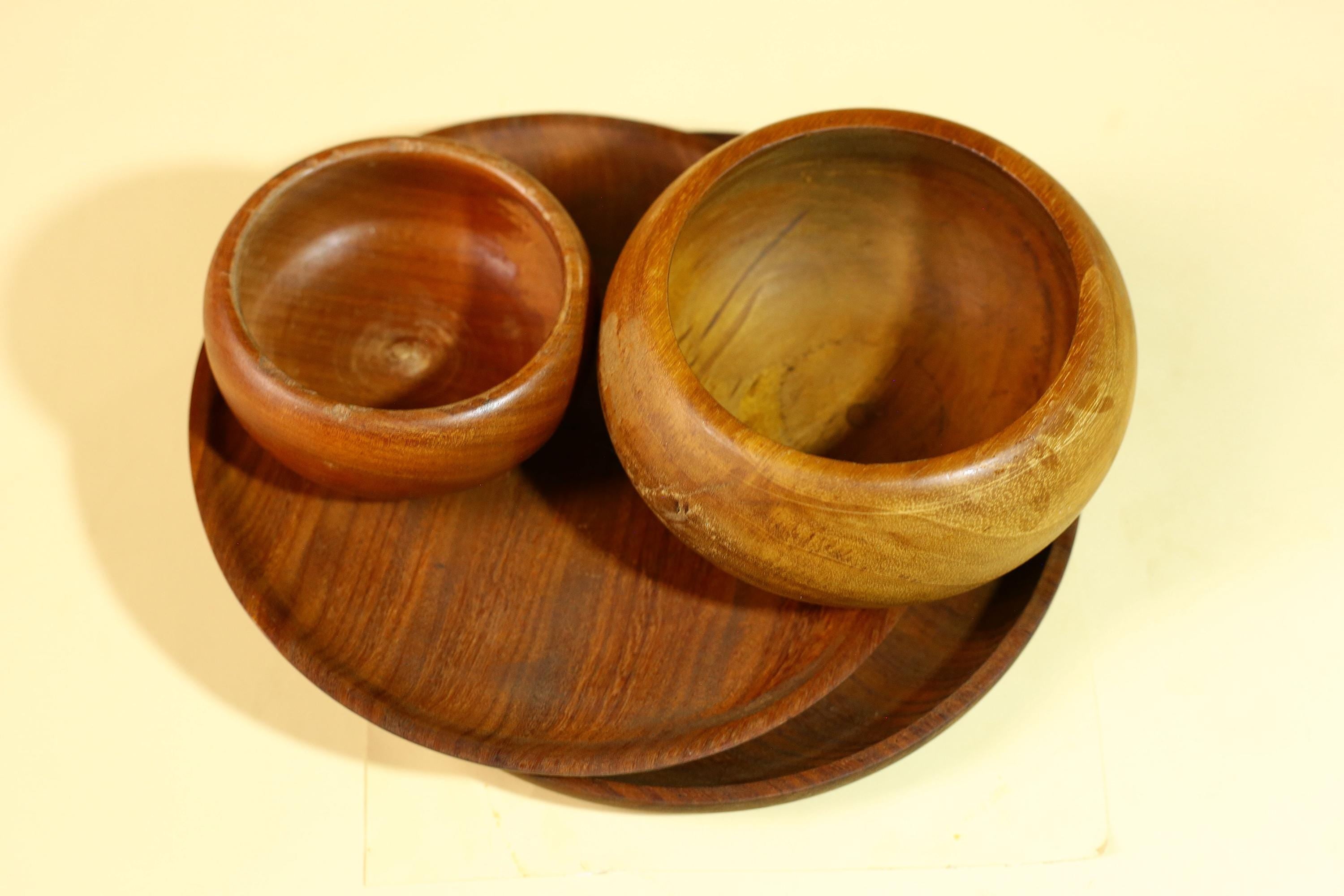African Tribal Bowl Set Carved Wood Serving Decor West Africa Handmade-G5909