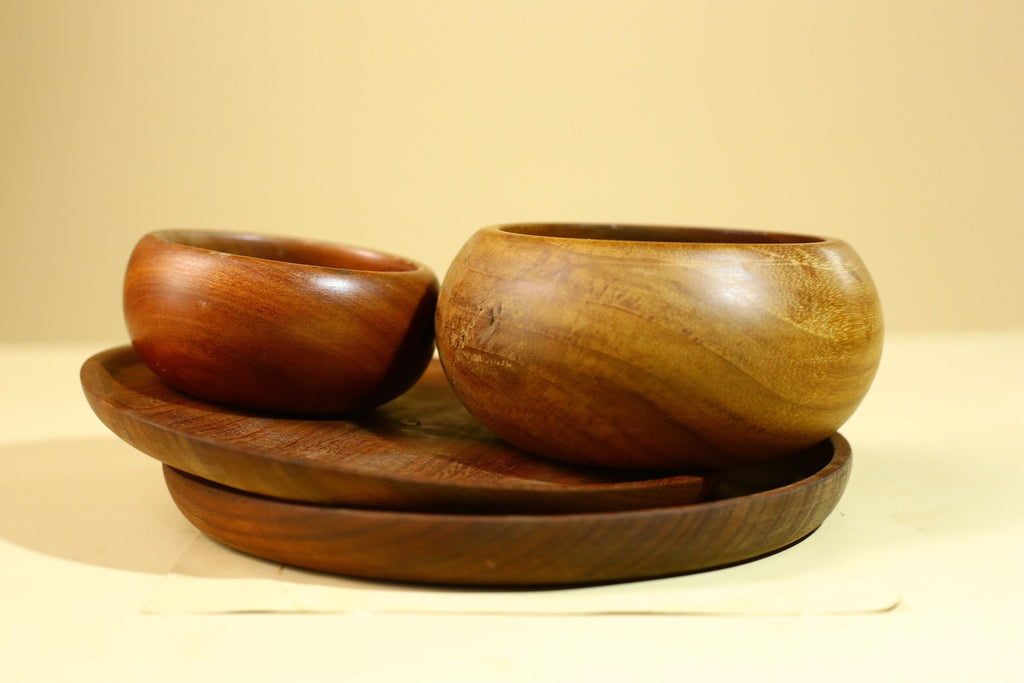 African Tribal Bowl Set Carved Wood Serving Decor West Africa Handmade-G5909