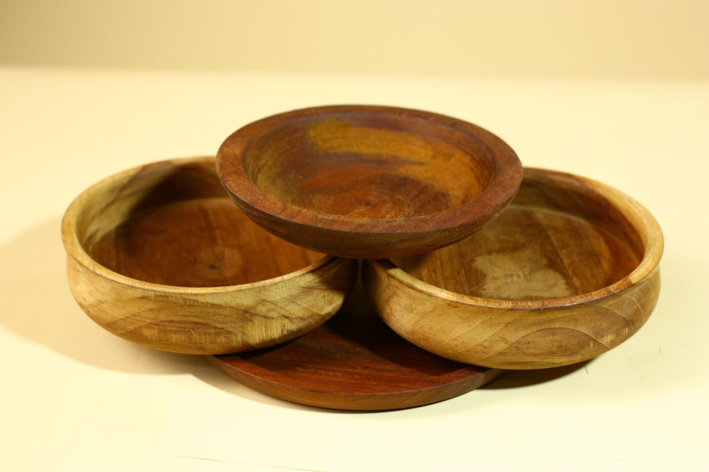 Handmade African Wood Bowl Set Carved Wooden Decor Rustic Kitchen Art-G5910
