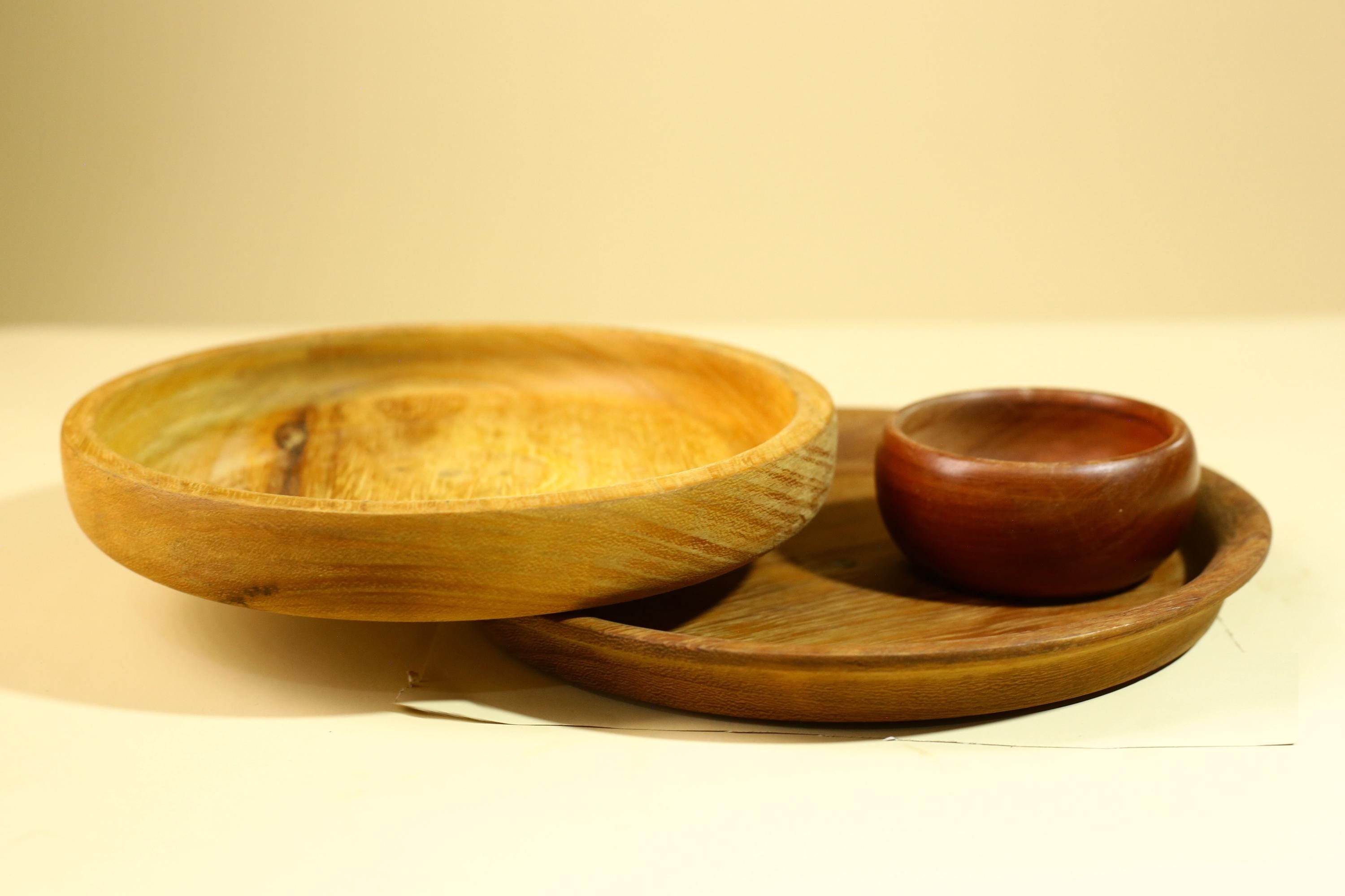 Vintage Carved Wood Bowl Set Rustic Handmade Wooden Kitchen Serving-G5911