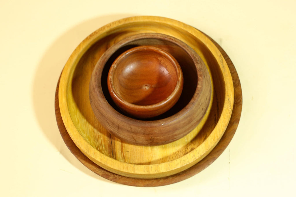 Vintage Carved Wood Bowl Set Rustic Handmade Wooden Kitchen Serving-G5911