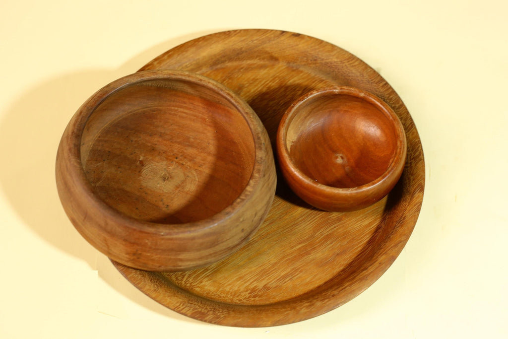 Vintage Carved Wood Bowl Set Rustic Handmade Wooden Kitchen Serving-G5911
