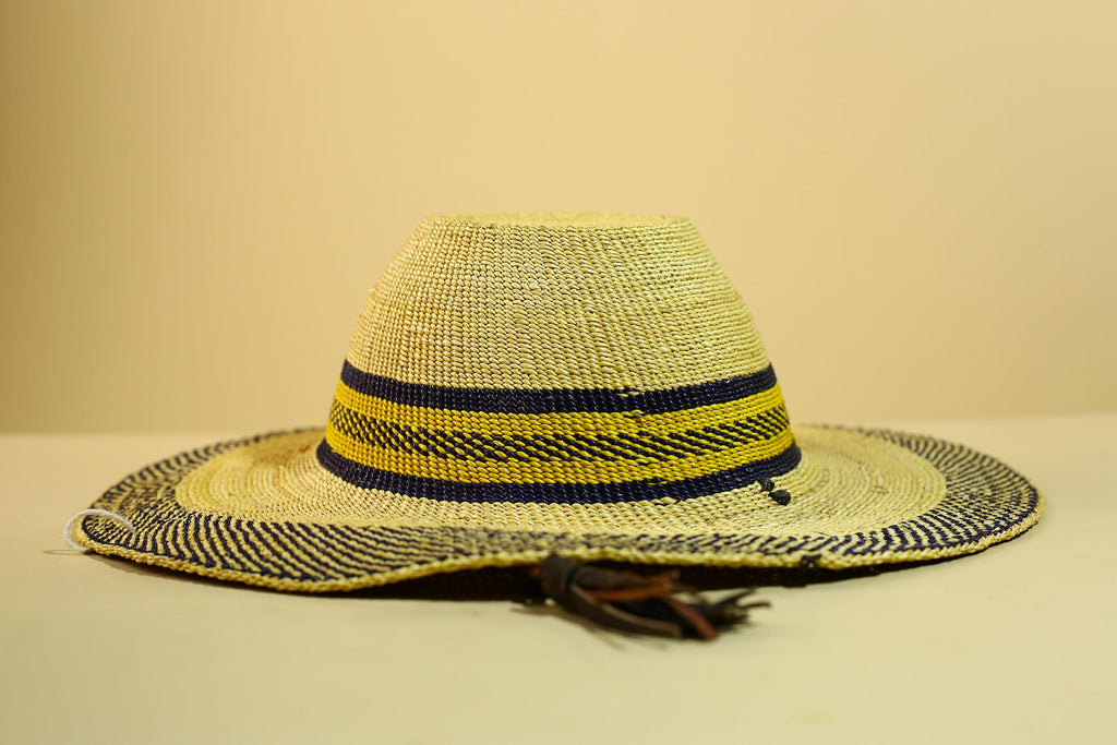 Handwoven Straw Hat Raffia Yellow Blue Stripe African Woven Summer Art Decor-G5912