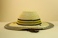 Handwoven Straw Hat Raffia Yellow Blue Stripe African Woven Summer Art Decor-G5912