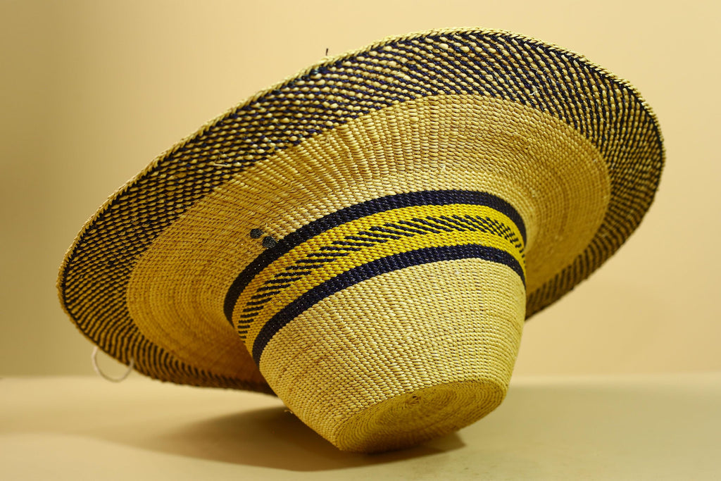 Handwoven Straw Hat Raffia Yellow Blue Stripe African Woven Summer Art Decor-G5912