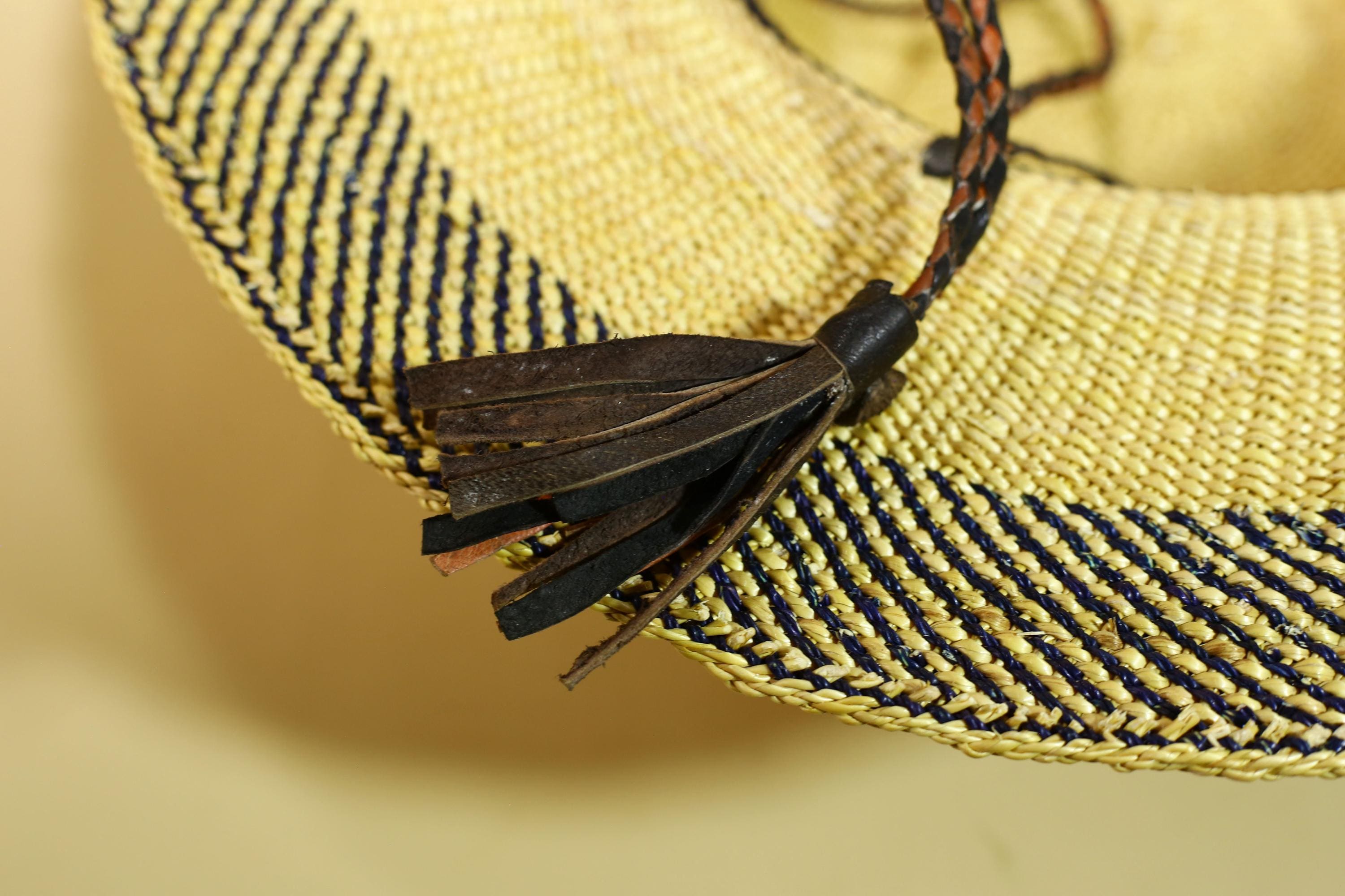Handwoven Straw Hat Raffia Yellow Blue Stripe African Woven Summer Art Decor-G5912